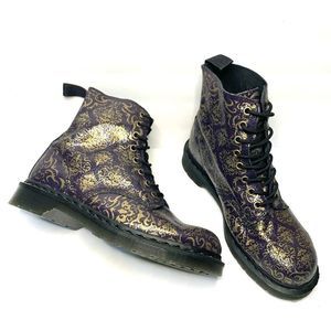 Dr. Martens Pascal BQ Purple and Gold Cristal Baroque Combat Boots Womens size 9